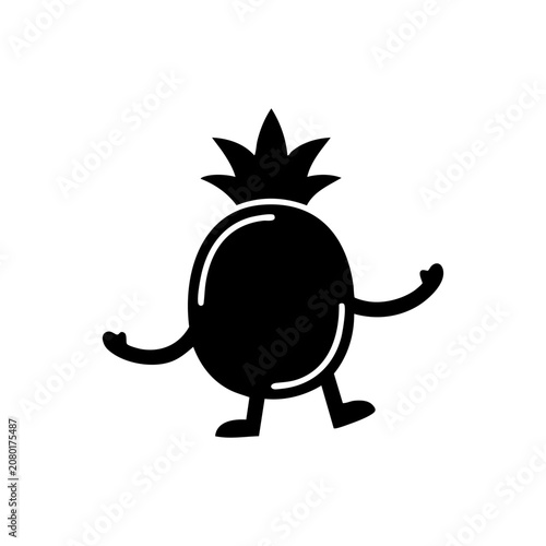 Cute pineapple tropical fruit character silhouette with arms and legs isolated on white background