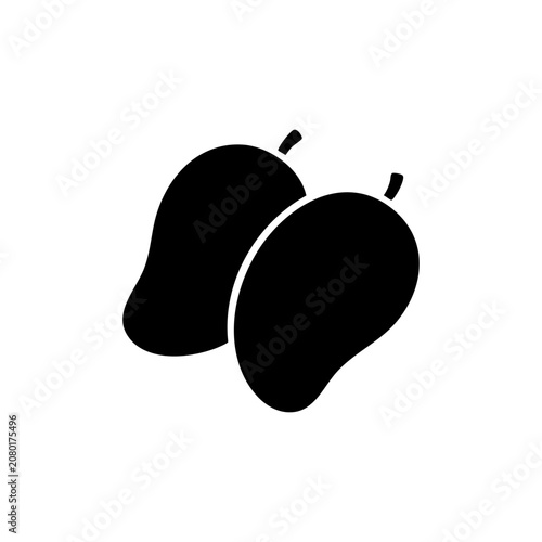 Two fresh mango fruit silhouettes with small stems isolated on white background