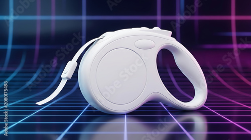 Retractable dog leash for walking pets featuring sleek ergonomic handle design in neon grid background for retail marketing