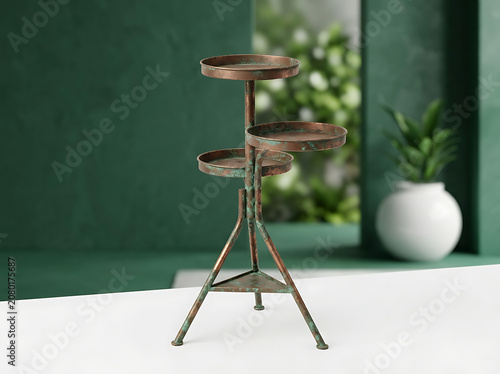 Rustic copper plant stand with tiered trays and weathered patina finish featuring vintage style metal display for home decor