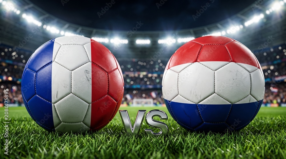 Obraz premium Paraguay vs France Soccer Match Concept – Two Footballs with National Flags on Stadium Grass Field