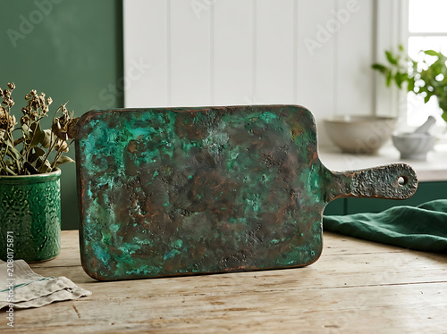 Rustic textured metal cutting board with oxidized green patina finish standing on wooden kitchen table for food styling