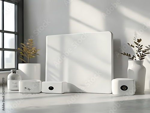 Set of minimalist white smart home devices on a windowsill table for home automation and modern interior living space