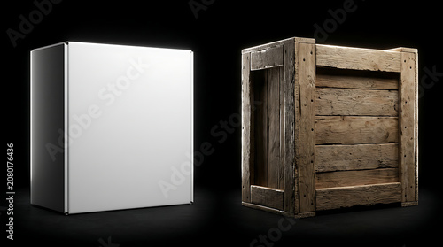 side by side comparison of a sleek modern white box and a weathered rustic wooden cargo crate for logistics comparison