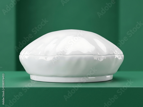 Shiny white ceramic beret sculptural hat display on deep green pedestal showcasing fashion accessory design, 3d render