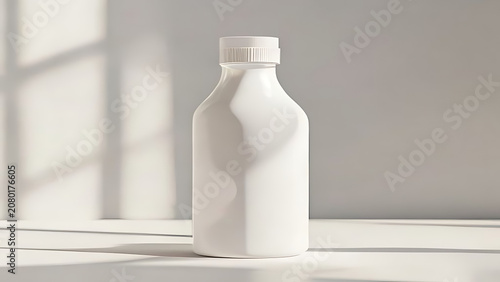 Small white plastic bottle filled with yogurt drink featuring smooth matte surface texture and simple screw cap packaging