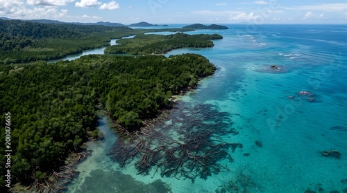 Aerial View of Lush Mangrove Forest Borders Along Tropical Blue Sea