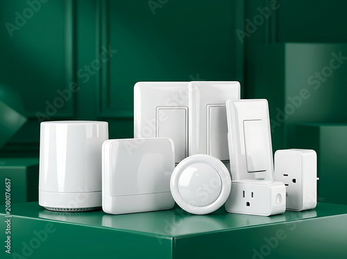 Smart home devices including light switches, outlet and sensor on green pedestal surface for automation and tech upgrades