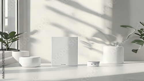 Smart home hub and sensors on white surface with plant shadows for connected living technology and automation solutions