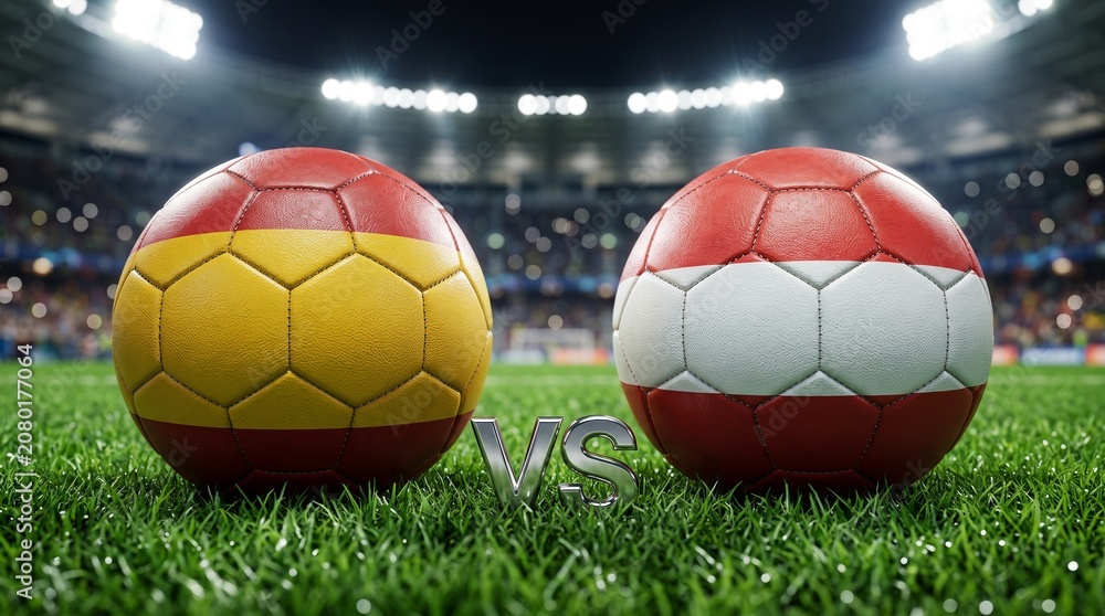 Obraz premium Spain vs Austria Soccer Match Concept – Two Footballs with National Flags on Stadium Grass Field