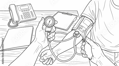 A detailed, black and white line art illustration showing a healthcare professional using a sphygmomanometer and stethoscope to check a patient's blood pressure. 