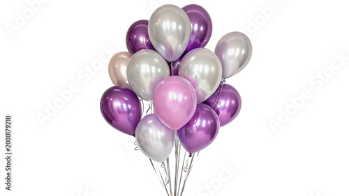 Bild auf Leinwand Bunch of festive purple and silver helium balloons group isolated on transparent