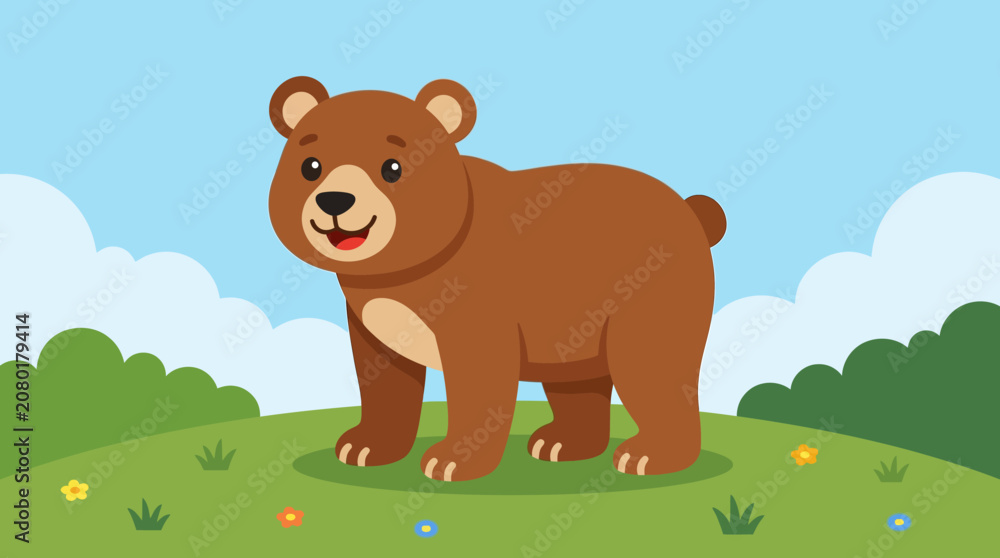 Fototapeta premium A cartoon brown bear standing on green grass.