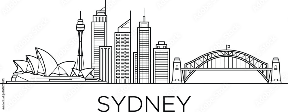 Obraz premium Sydney city skyline outline featuring major landmarks like opera house tower tall buildings and famous harbour bridge.