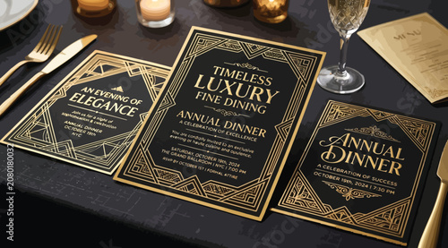 Art deco style luxury fine dining annual dinner invitation set with gold foil details