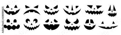 Halloween jack o lantern face set with carved silhouette expressions. Black scary and funny pumpkin face collection with various grimaces, eyes and teeth. Flat vector illustration