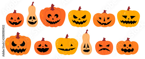 Halloween jack o lantern pumpkin set with carved scary and funny faces. Orange and beige pumpkin collection with various expressions and emotions. Flat vector illustration