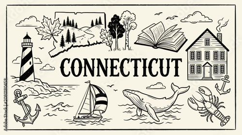 Connecticut‑themed illustration featuring lighthouse, sailboat, anchors, whale tail, lobster, maple leaf, and home symbolizing coastal New England charm