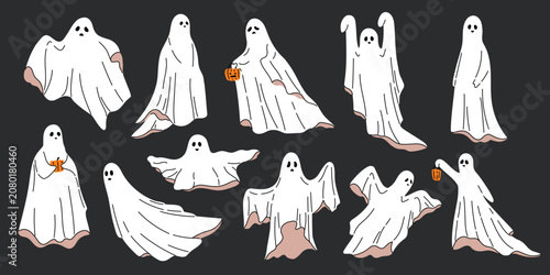Halloween ghost set with cute white cartoon ghost characters in various poses. Floating, flying and standing ghosts holding pumpkin lantern on dark background. Flat vector illustration