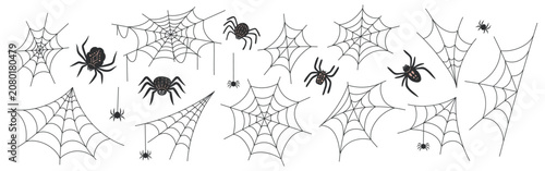 Halloween spider and cobweb set with black cartoon spider characters and outline web collection. Hanging, crawling spiders with corner and round spiderweb shapes. Flat vector illustration