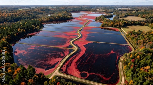 Aerial View of Flooded Cranberry Marsh During Autumn Harvest Season