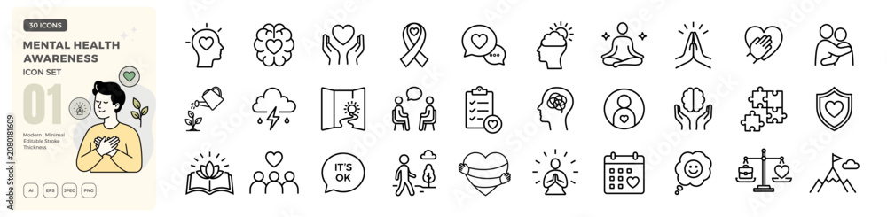 © iconverse - Mental health line icon set. Psychology, mindfulness, emotional wellbeing, stress management and therapy editable stroke