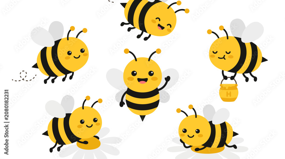 Obraz premium A group of happy cartoon bees flying.