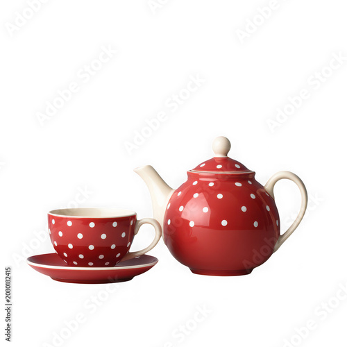 Red teapot and teacup with white polka dots for tea time