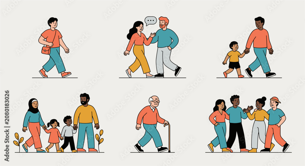 Fototapeta premium Diverse Group of People Walking Together Set with Flat Illustration Style Vector