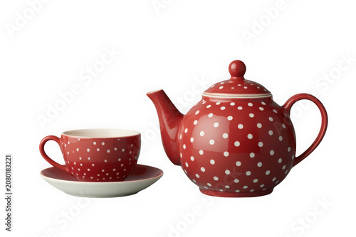 Red tea pot and cup set with white polka dots