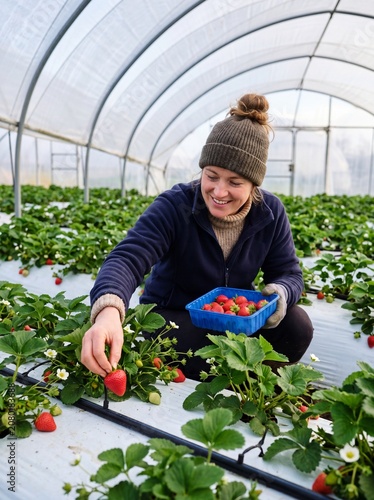 Smiling female farmer harvesting fresh ripe organic strawberries in a greenhouse. Happy young woman picking red berries into a plastic container in a commercial polytunnel.