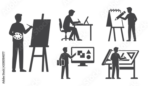 Artists and Designers Working at Easel Desk and Computer Silhouettes Illustration Set