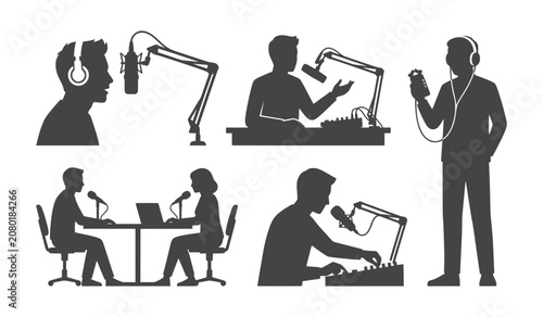 Content creators recording podcasts in studio with professional microphones vector silhouettes