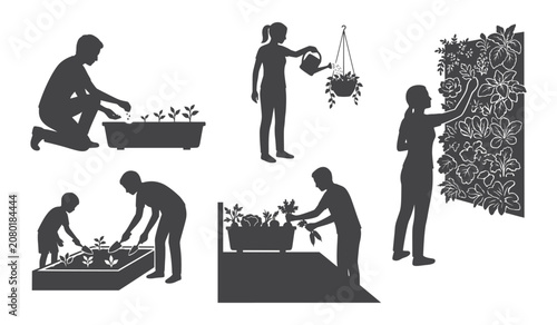 Urban Gardening Silhouettes Vector Set of People Planting and Watering in Community Garden
