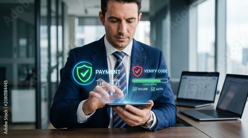 Executive using mobile device to check cybersecurity status with green verified shield icons on holographic display in office executive cybersecurity security verified holographic