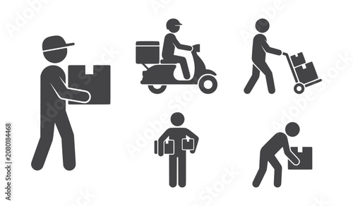 Delivery personnel carrying packages in solid black vector illustration set ike style