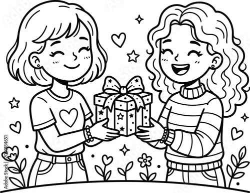 Quadro su tela Cute Girls Friendship Day Gifting Cartoon, Kawaii Best Friends Line Art
