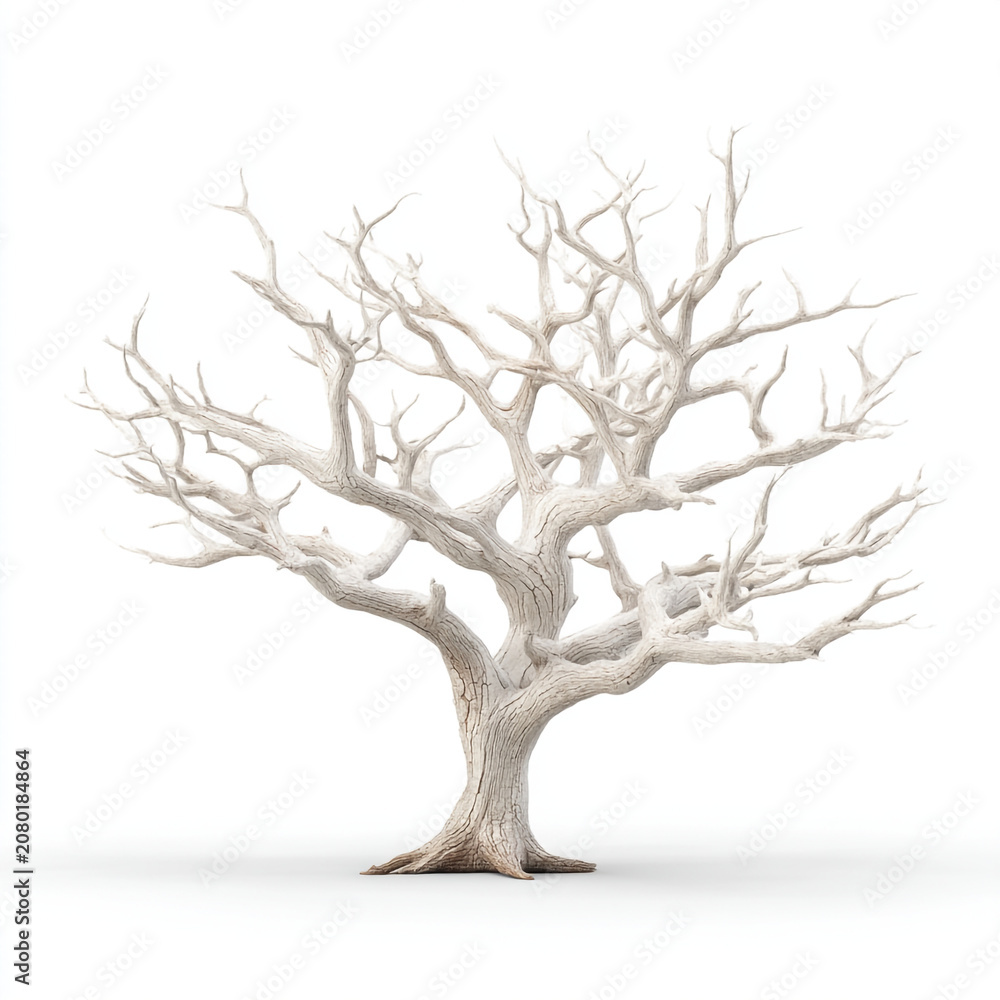 Fototapeta premium Single bare white tree isolated on white background with leafless isolated background