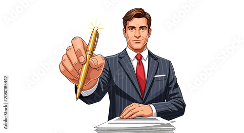 Fotografía Caucasian Sports Agent Offering Golden Pen for Contract