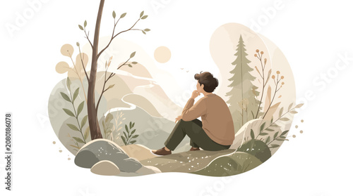 Canvastavla Young man sitting on a hill looking at the landscape, contemplating future, natu