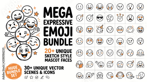 Photos Mega expressive emoji bundle, 30 unique vector scenes and icons, hand drawn sket