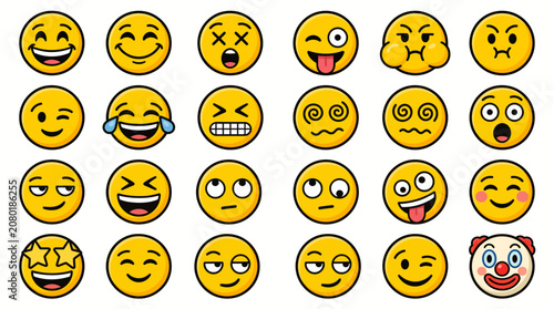 Tableau sur toile Yellow emoji face icons set, 24 expressive cartoon emoticons with bold outlines,