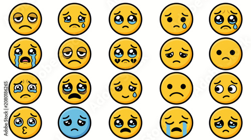 Foto Sad emoji icon set with 20 crying and unhappy faces, yellow and blue emotional c