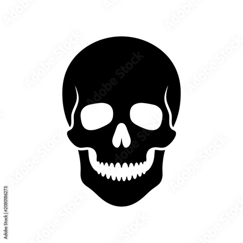 Fotografi Black skull icon, human skull symbol, death emblem, white background