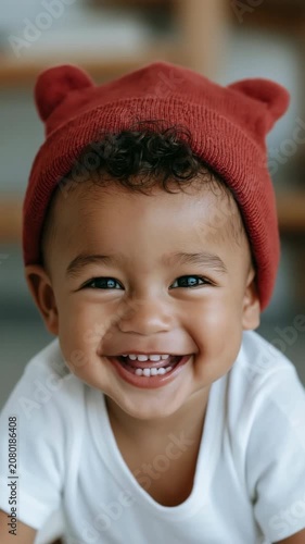 Toddler wearing red knit hat laughing while leaning forward
