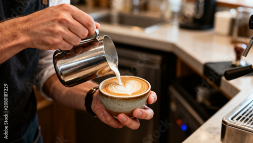 Fotografie Professional coffee preparation with male hands pouring steamed milk into freshl