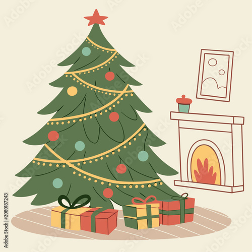 Christmas tree stands decorated with colorful ornaments and wrapped gift boxes in a cozy room with a glowing fireplace.