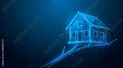 Digital illustration of a glowing house symbolizing real estate and home ownership with property building architecture particle abstract residential mortgage investment technology