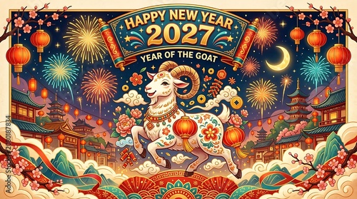 Happy new year 2027 year of goat chinese new year celebration festive atmosphere.