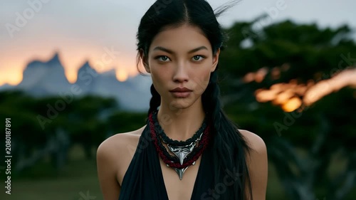 Young woman wearing statement necklace in twilight open landscape
